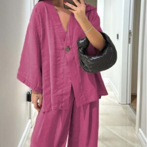 🔥2025 Neu eingetroffen - 50% OFF🌺Damen einfarbiges 2-teiliges Set: Oberteil mit V-Ausschnitt & Weitbeinhose